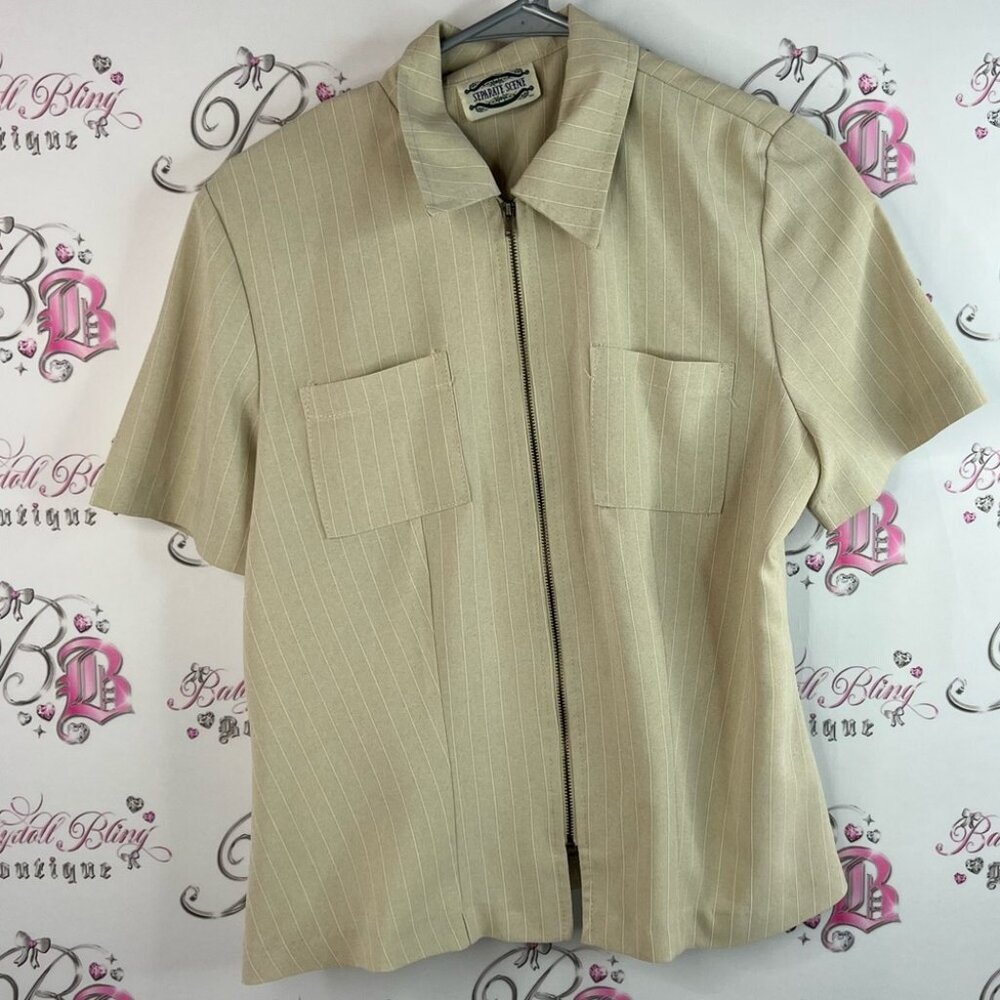 Separate scene top tshirt vintage cargo pin stripe Beige Zip-Up Casual Shirt